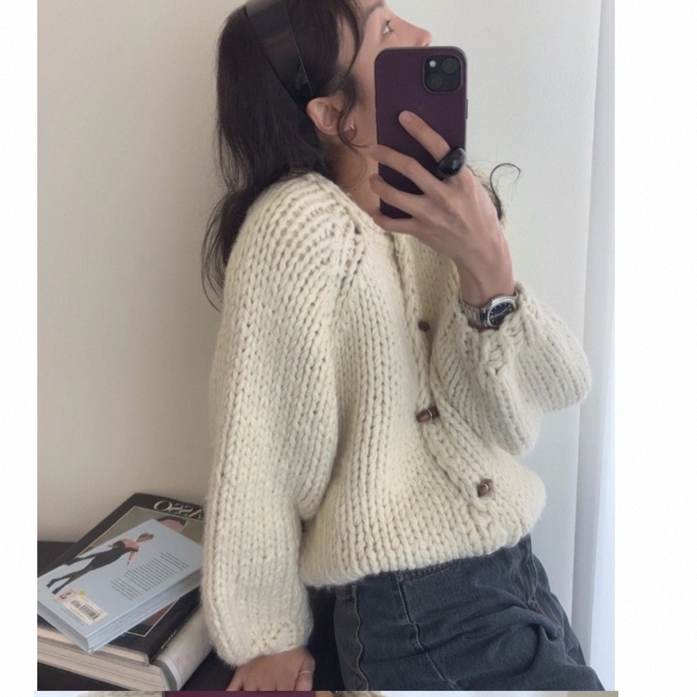 Chunky Knit Cream Cardigan Sweater - Picture 2 of 14